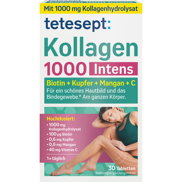 Tetesept Kollagen 1000 Intens Tabletten mit Biotin, Kupfer, Mangan und Vitamin C, 30 St. Tabletten