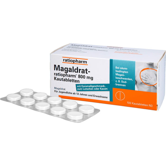 Magaldrat-ratiopharm 800 mg Kautabletten bei säurebedingten Magenbeschwerden z.B.  Sodbrennen, 100 St. Tabletten