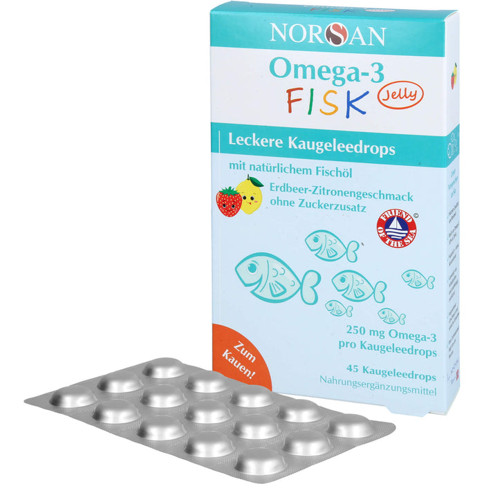 NORSAN Omega-3 FISK Jelly - für Kinder leckere Kaugeleedrops mit Erdbeer-Zitronengeschmack, 45 St. Gummidrops
