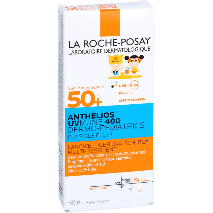La Roche-Posay Anthelios UV MUNE 400 Dermo-Pediatrics Invisible Fluid LSF 50+ für die empfindliche, zu Neurodermitis neigende Kinderhaut, 50 ml Lösung