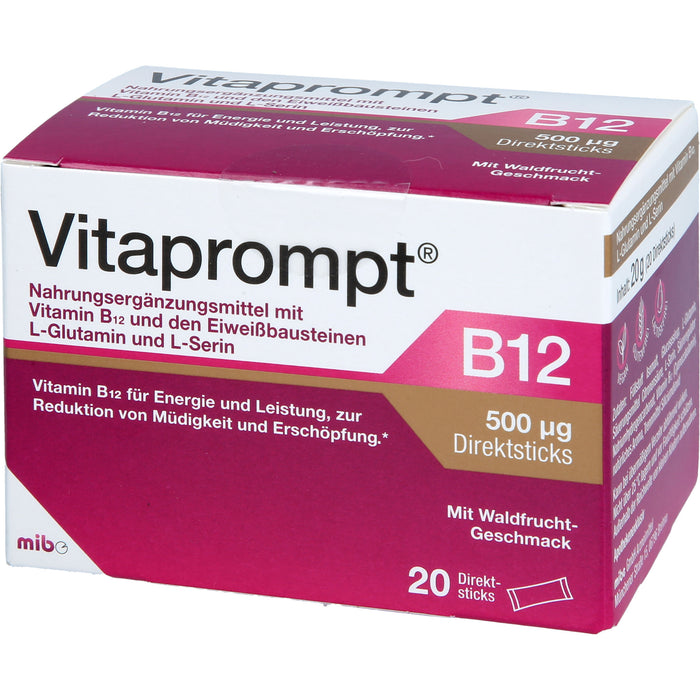Vitaprompt B12 500 μg Direktsticks mit Waldfrucht-Geschmack zur Reduktion von Müdigkeit und Erschöpfung, 20 St. Sticks