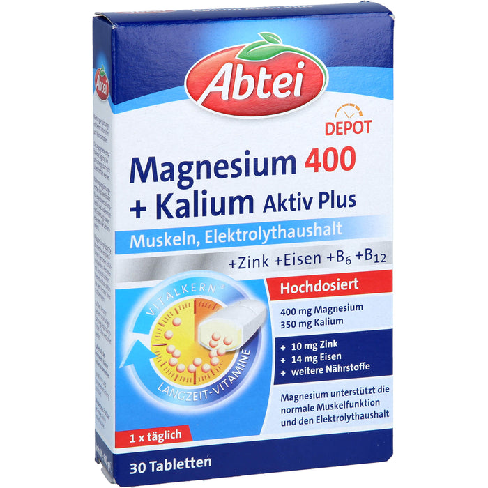 Abtei Magnesium 400 + Kalium aktiv plus Tabletten für Muskeln und Elektrolythaushalt, 30 St. Tabletten