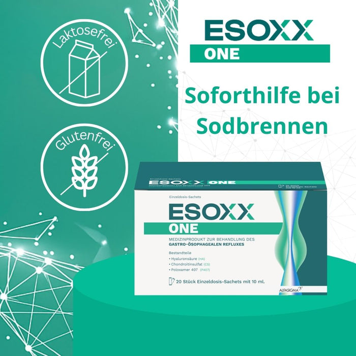 ESOXX One - Effektiver Schutz mit schneller Linderung und Regeneration bei Refluxbeschwerden - mit Hyaluronsäure, Chondroitinsulfat & Poloxamer 407 - glutenfrei & laktosefrei, 20 St. Beutel