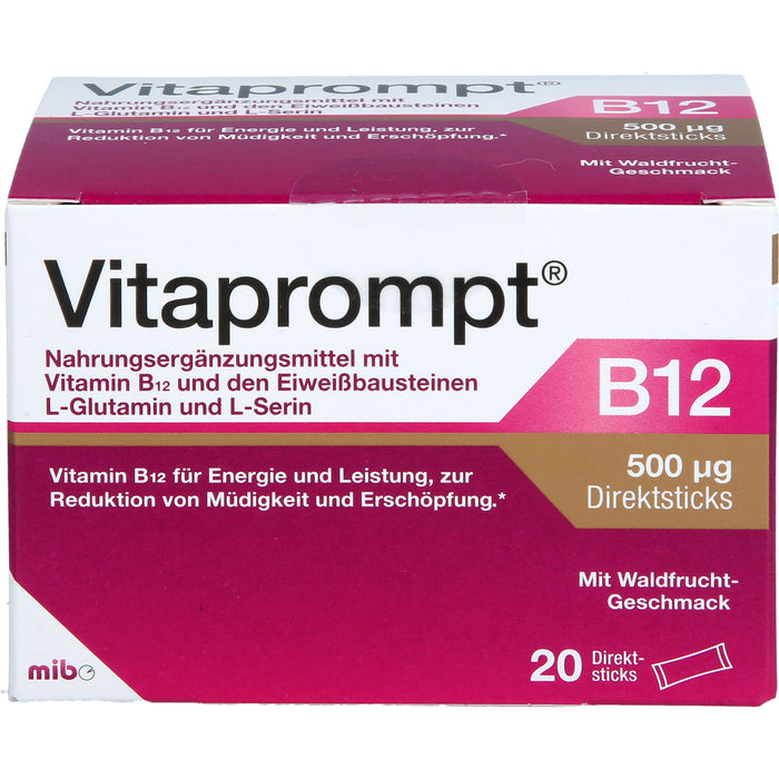 Vitaprompt B12 500 μg Direktsticks mit Waldfrucht-Geschmack zur Reduktion von Müdigkeit und Erschöpfung, 20 St. Sticks