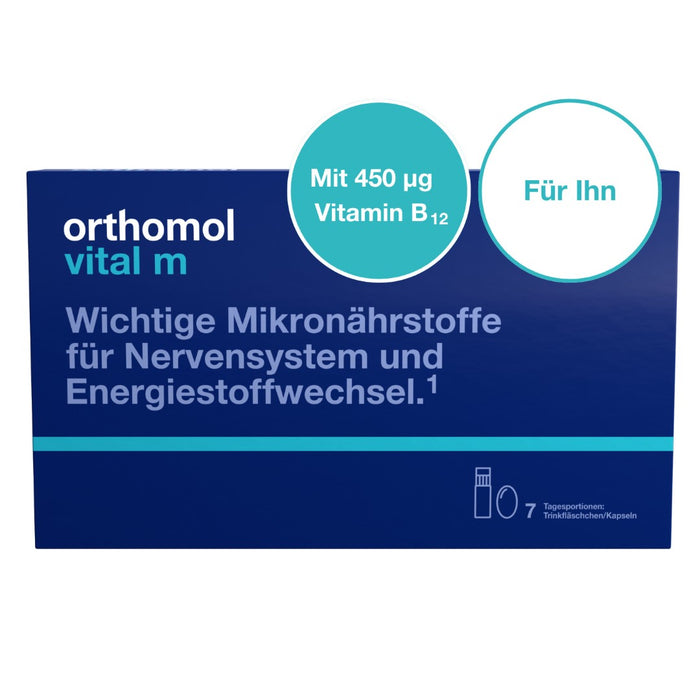 Orthomol Vital m für Männer - bei Müdigkeit - mit B-Vitaminen, Omega-3-Fettsäuren und Magnesium - Orangen-Geschmack - Trinkampullen/Kapseln, 7 St. Tagesportionen