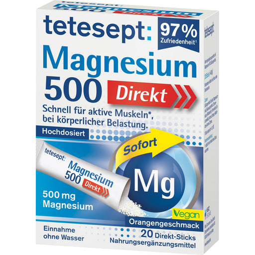 Tetesept Magnesium 500 Direkt Sticks mit Orangengeschmack für aktive Muskeln, bei körperlicher Belastung, 20 St. Sticks