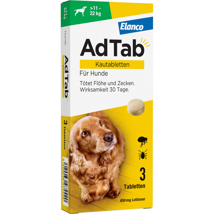 AdTab Kautabletten für Hunde über 11 bis 22 kg gegen Zecken und Flöhe, 3 St. Kautabletten