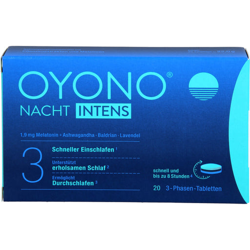 OYONO Nacht Intens 3-Phasen-Tabletten mit 1,9 mg Melatonin, Ashwagandha, Baldrian und Lavendel, 20 St. Tabletten