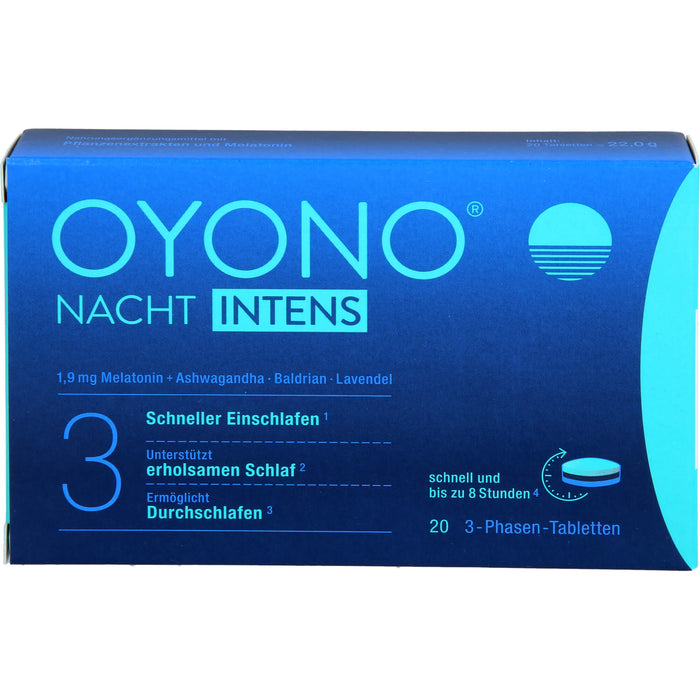 OYONO Nacht Intens 3-Phasen-Tabletten mit 1,9 mg Melatonin, Ashwagandha, Baldrian und Lavendel, 20 St. Tabletten