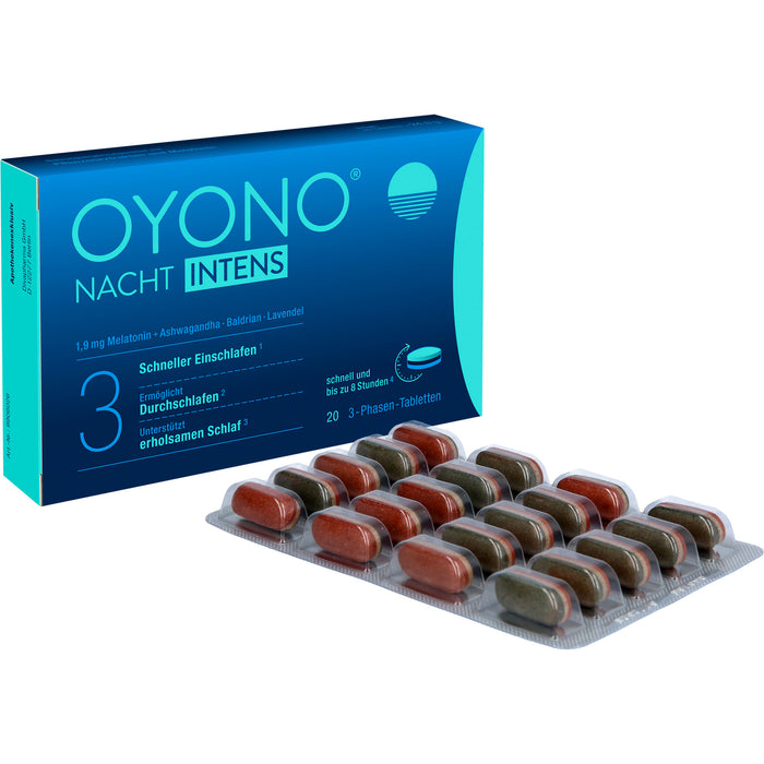 OYONO Nacht Intens 3-Phasen-Tabletten mit 1,9 mg Melatonin, Ashwagandha, Baldrian und Lavendel, 20 St. Tabletten
