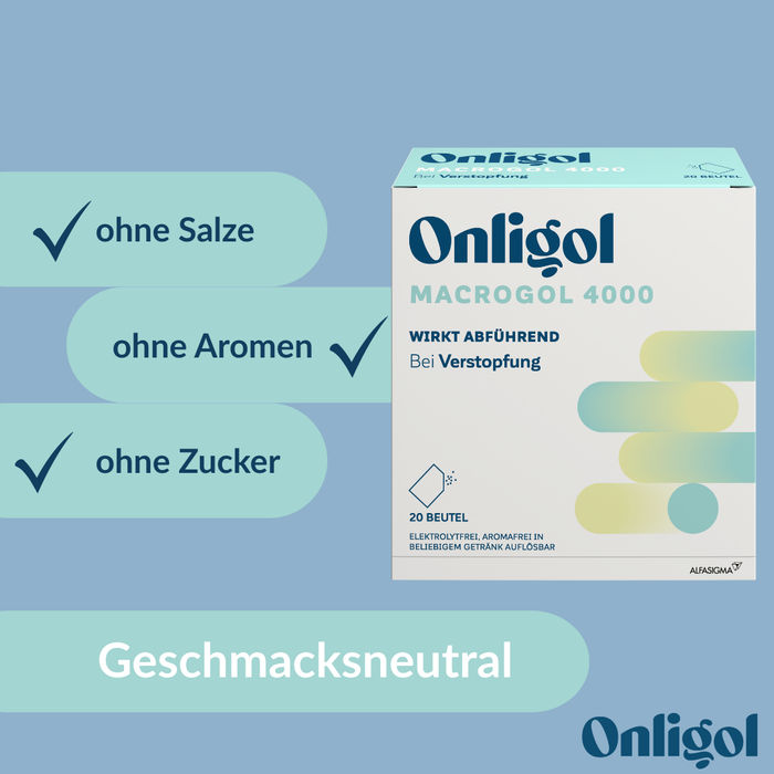 Onligol Macrogol 4000 - Sanfte, effektive Hilfe bei Verstopfung und Obstipation - mit Macrogol 4000 - ohne Zusatzstoffe & Zucker, 20 St. Beutel