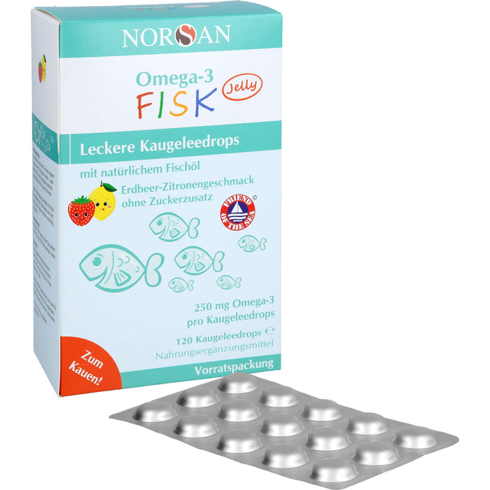 NORSAN Omega-3 FISK Jelly - für Kinder leckere Kaugeleedrops mit Erdbeer-Zitronengeschmack, 120 St. Gummidrops