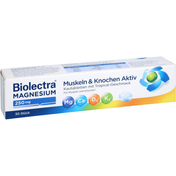 Biolectra Magnesium 250 mg Muskeln & Knochen Aktiv Kautabletten mit Tropical-Geschmack, 30 St. Kautabletten