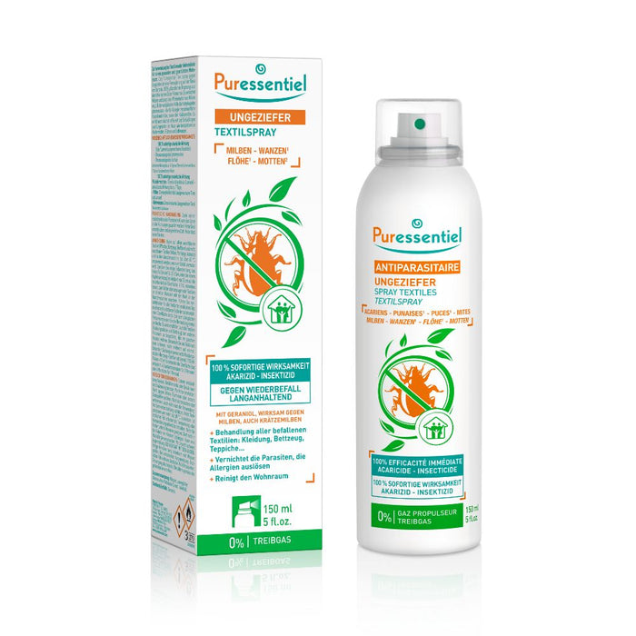 Puressentiel Ungeziefer-Textilspray mit pflanzlichem Geraniol – gegen Milben, Flöhe, Bettwanzen und Kleidermotten, 150 ml Spray