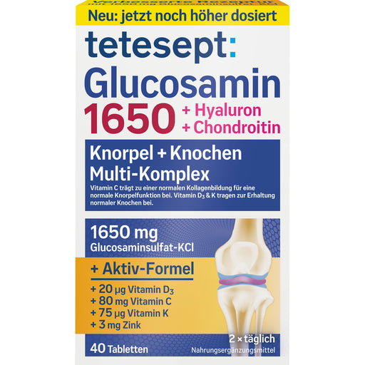 Tetesept Glucosamin 1650 + Hyaluron + Chondroitin Filmtabletten für Knorpel und Knochen, 40 St. Tabletten