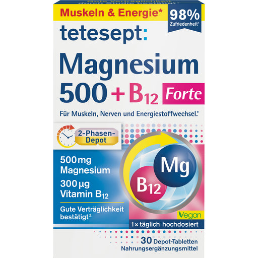 Tetesept Magnesium 500 + B12 Forte Depot-Tabletten für Muskeln, Nerven und Energiestoffwechsel, 30 St. Tabletten