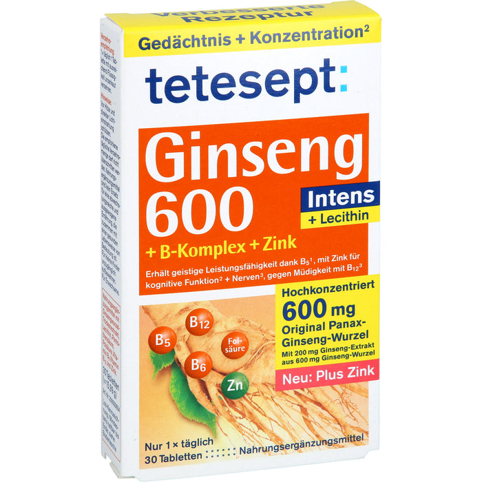 Tetesept Ginseng 600 Intens + B-Komplex + Zink Tabletten, 30 St. Tabletten