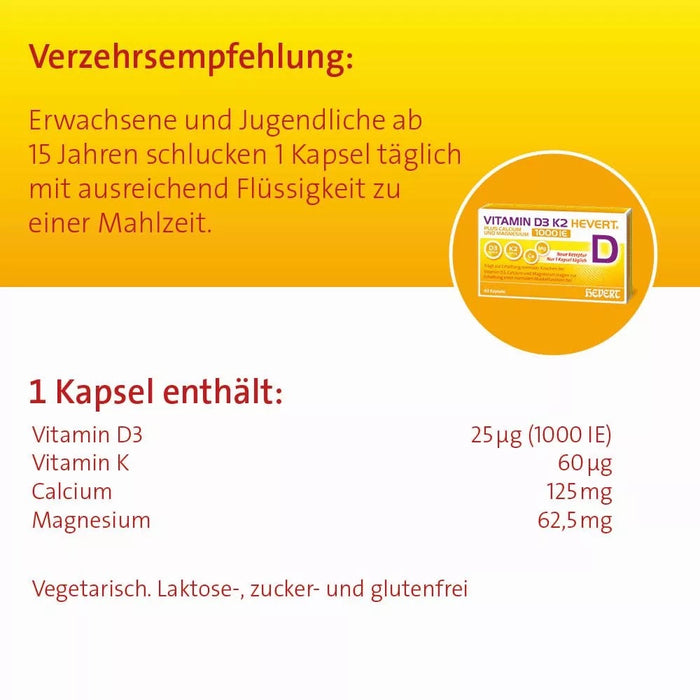 Vitamin D3 K2 Hevert plus Calcium und Magnesium 1.000 I.E. mit 4-fach Osteo-Formel für gesunde Knochen und Muskeln, 60 St. Kapseln