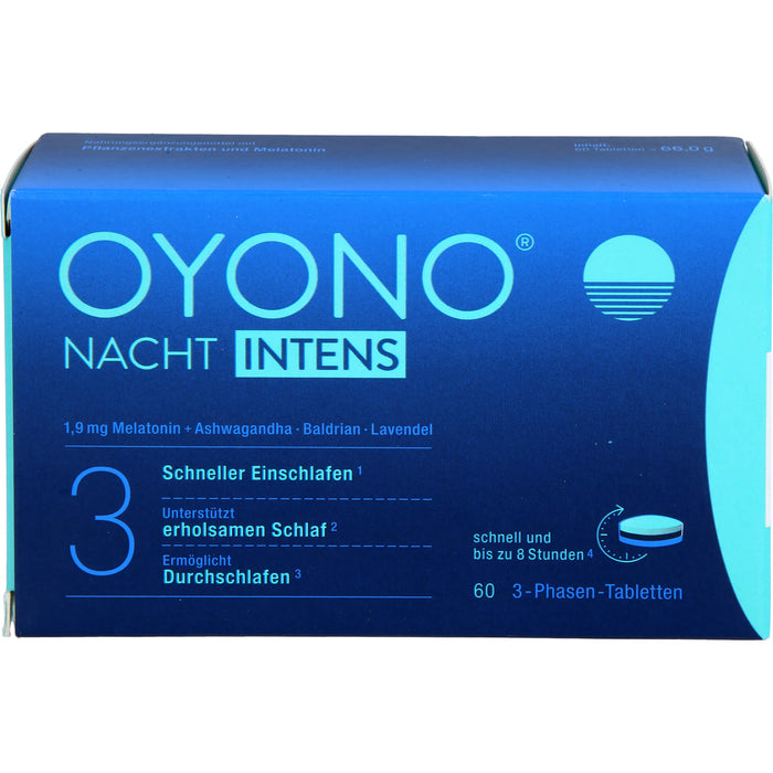 OYONO Nacht Intens 3-Phasen-Tabletten mit 1,9 mg Melatonin, Ashwagandha, Baldrian und Lavendel, 60 St. Tabletten