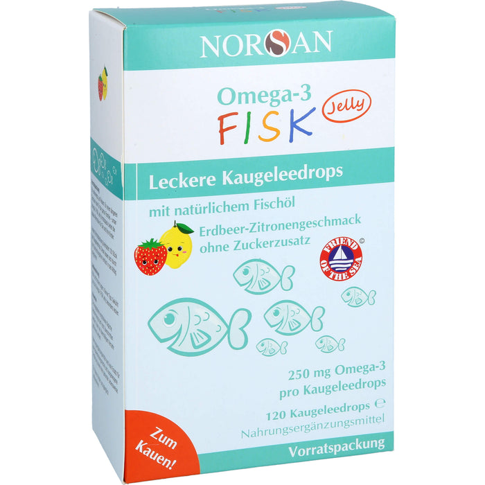 NORSAN Omega-3 FISK Jelly - für Kinder leckere Kaugeleedrops mit Erdbeer-Zitronengeschmack, 120 St. Gummidrops