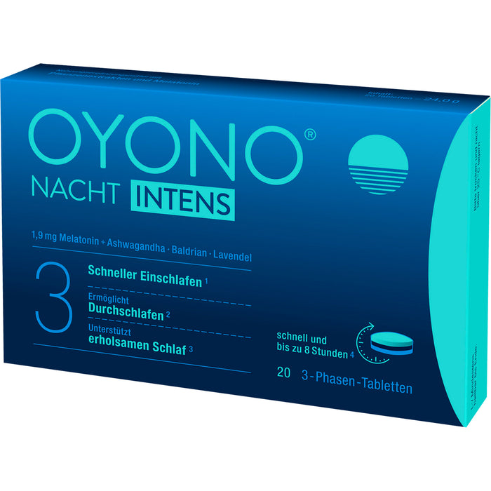 OYONO Nacht Intens 3-Phasen-Tabletten mit 1,9 mg Melatonin, Ashwagandha, Baldrian und Lavendel, 20 St. Tabletten
