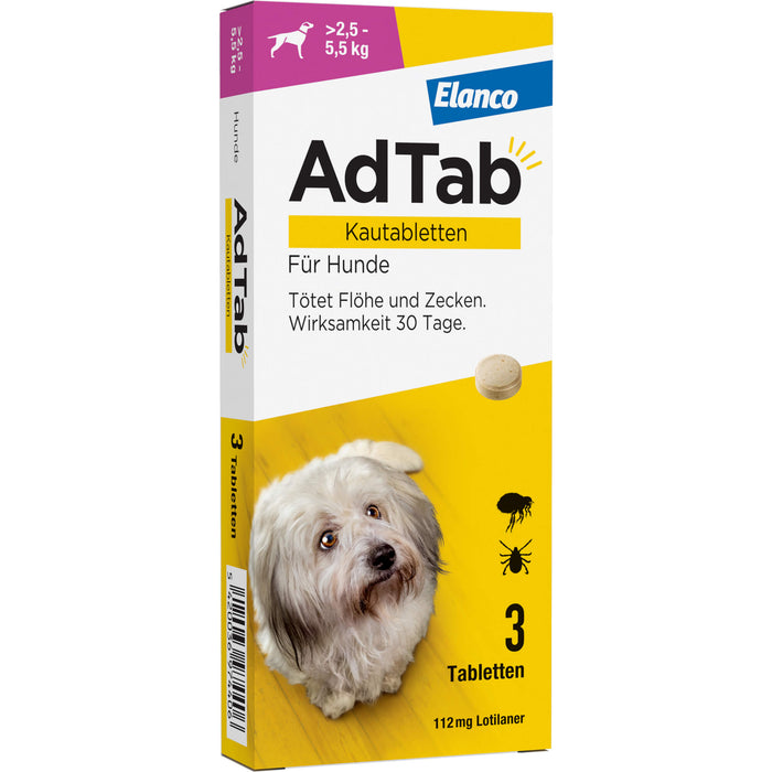 AdTab Kautabletten für Hunde über 2,5 bis 5,5 kg gegen Zecken und Flöhe, 3 St. Tabletten