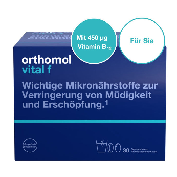 Orthomol Vital f für Frauen - bei Müdigkeit - mit B-Vitaminen, Omega-3-Fettsäuren, Magnesium - Grapefruit-Geschmack - Granulat/Tabletten/Kapseln, 30 St. Tagesportionen