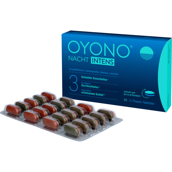 OYONO Nacht Intens 3-Phasen-Tabletten mit 1,9 mg Melatonin, Ashwagandha, Baldrian und Lavendel, 20 St. Tabletten