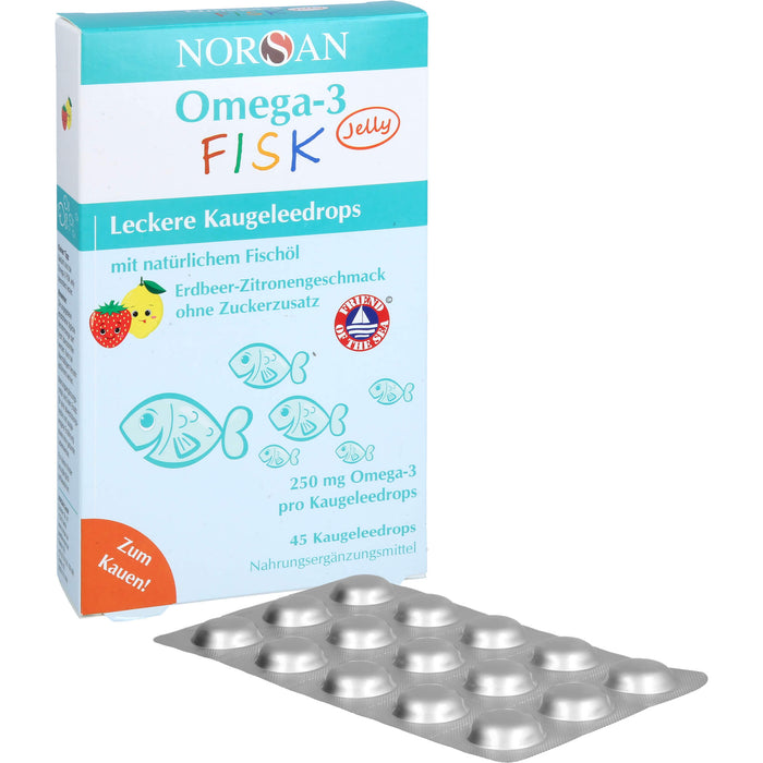 NORSAN Omega-3 FISK Jelly - für Kinder leckere Kaugeleedrops mit Erdbeer-Zitronengeschmack, 45 St. Gummidrops