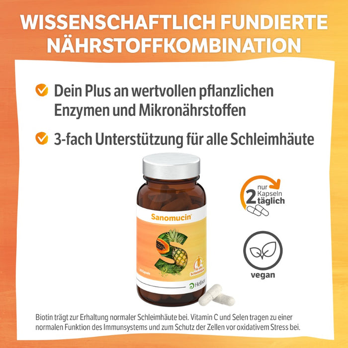 HELIXOR Sanomucin - 3-fach Unterstützung für alle Schleimhäute - Wissenschaftlich fundierte Nährstoffkombination mit Pflanzlichen Enzymen, Linsenextrakt, Vitaminen + Selen - Vegan, 60 St. Kapseln