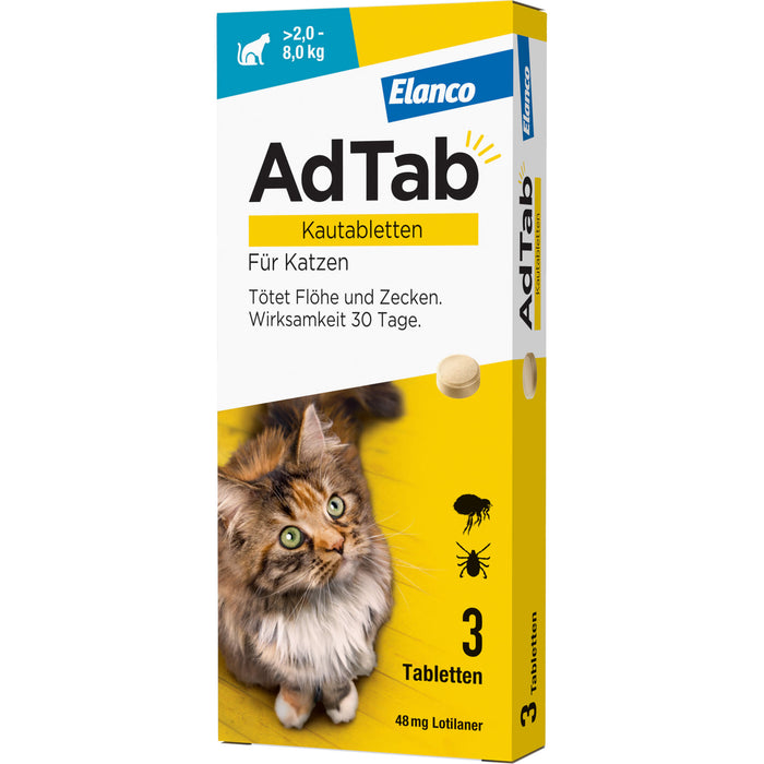 AdTab Kautabletten für Katzen über 2 bis 8 kg gegen Zecken und Flöhe, 3 St. Kautabletten