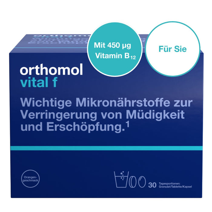 Orthomol Vital f für Frauen - bei Müdigkeit - mit B-Vitaminen, Omega-3-Fettsäuren und Magnesium - Orangen-Geschmack - Granulat/Tabletten/Kapseln, 30 St. Tagesportionen
