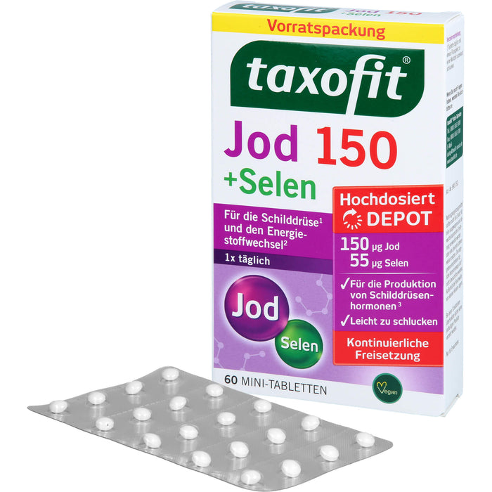 Taxofit Jod 150 + Selen Mini-Tabletten für die Schliddrüse und den Energiestoffwechsel, 60 St. Tabletten