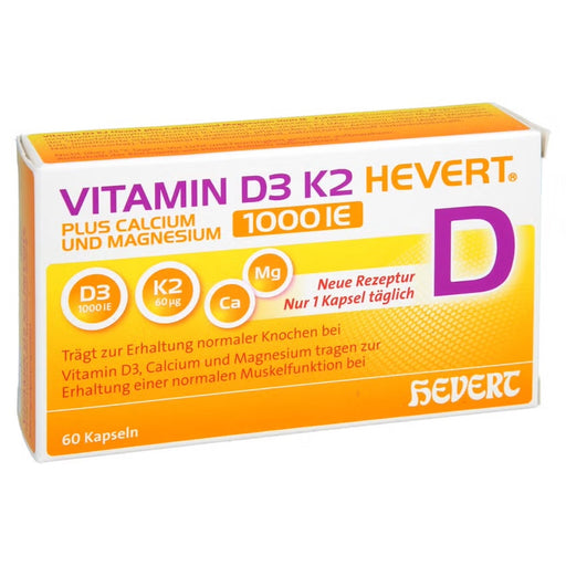 Vitamin D3 K2 Hevert plus Calcium und Magnesium 1.000 I.E. mit 4-fach Osteo-Formel für gesunde Knochen und Muskeln, 60 St. Kapseln