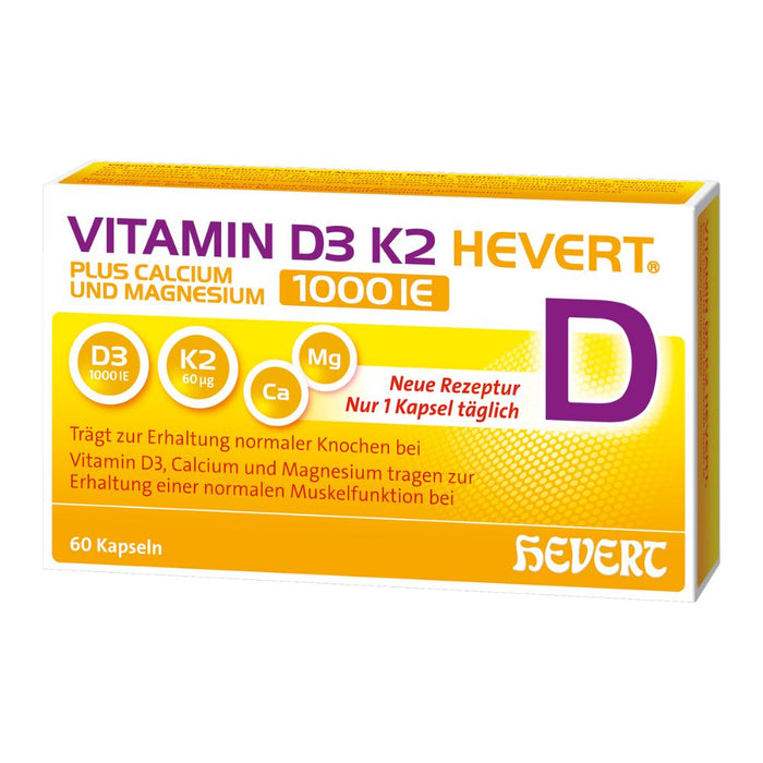 Vitamin D3 K2 Hevert plus Calcium und Magnesium 1.000 I.E. mit 4-fach Osteo-Formel für gesunde Knochen und Muskeln, 60 St. Kapseln