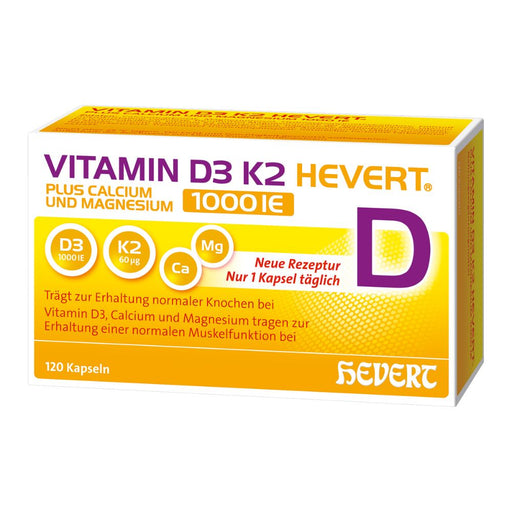 Vitamin D3 K2 Hevert plus Calcium und Magnesium 1.000 I.E. mit 4-fach Osteo-Formel für gesunde Knochen und Muskeln, 120 St. Kapseln