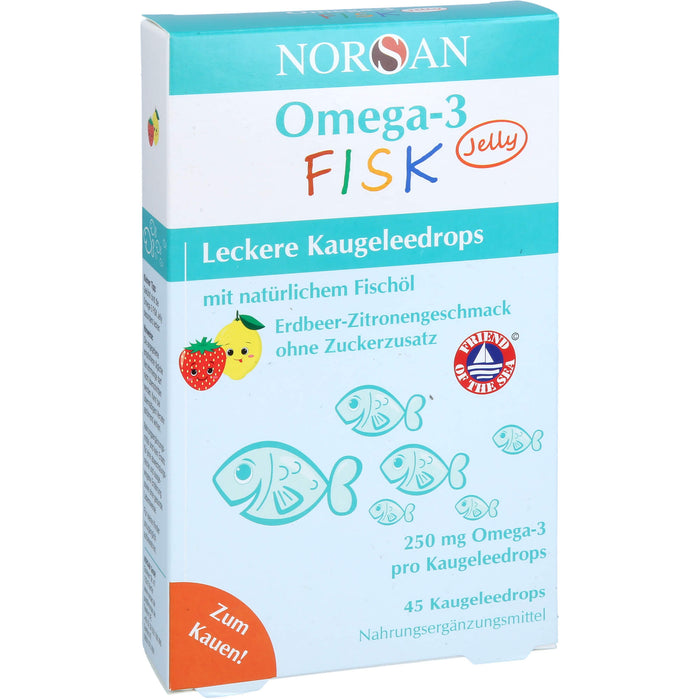NORSAN Omega-3 FISK Jelly - für Kinder leckere Kaugeleedrops mit Erdbeer-Zitronengeschmack, 45 St. Gummidrops