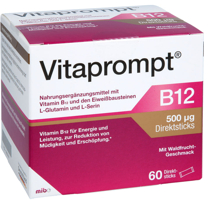 Vitaprompt B12 500 μg Direktsticks mit Waldfrucht-Geschmack zur Reduktion von Müdigkeit und Erschöpfung, 60 St. Sticks