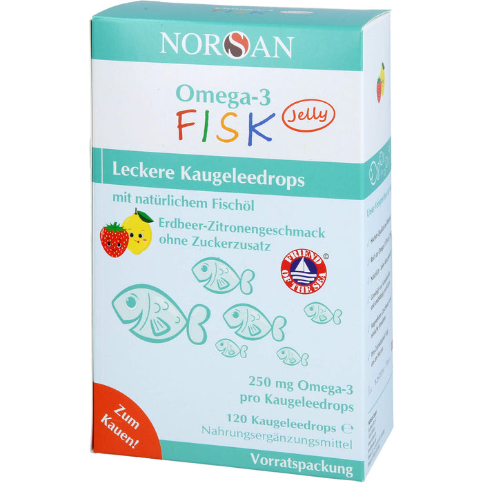 NORSAN Omega-3 FISK Jelly - für Kinder leckere Kaugeleedrops mit Erdbeer-Zitronengeschmack, 120 St. Gummidrops