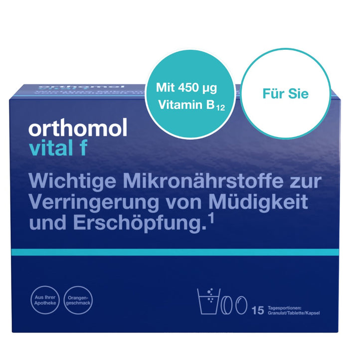Orthomol Vital f für Frauen - bei Müdigkeit - mit B-Vitaminen, Omega-3-Fettsäuren und Magnesium - Orangen-Geschmack - Granulat/Tabletten/Kapseln, 15 St. Tagesportionen