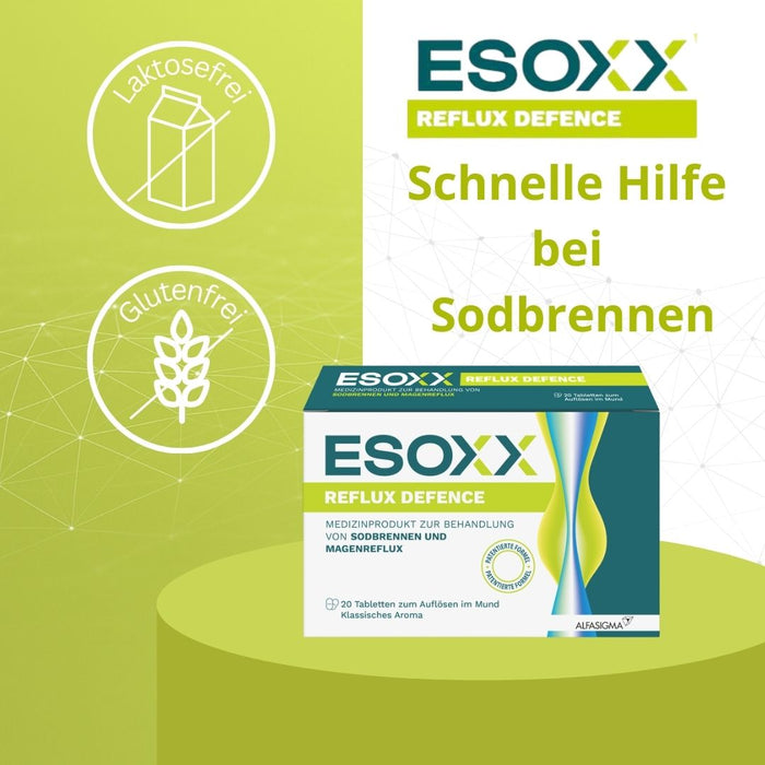 ESOXX Defence - Schnelle Hilfe bei Sodbrennen & Reflux, schützt Speiseröhre und Magen - mit Hyaluronsäure, Chondroitinsulfat & Magnesiumtrisilikat - glutenfrei & laktosefrei, 20 St. Tabletten