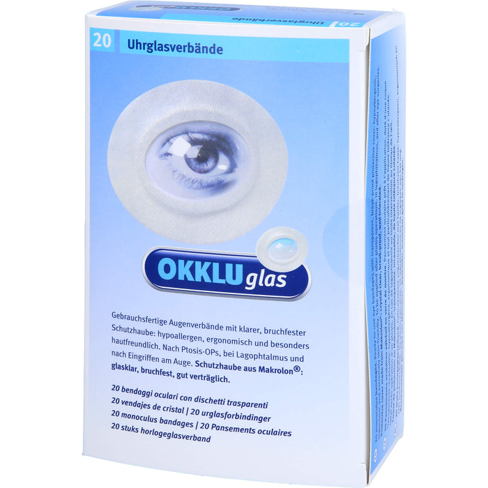 Okkluglas Uhrglasverband gebrauchsfertiger Augenverband mit klarer, bruchfester Schutzhaube, 20 St. Verband