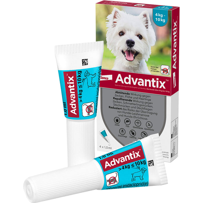 Advantix Spot-On 100 für kleine Hunde von 4 bis 10 kg Körpergewicht gegen Zecken, Flöhe und fliegende Insekten, 4 St. Einzeldosisbehältnisse