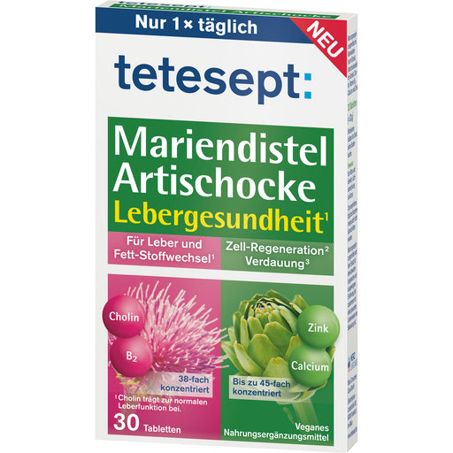 Tetesept Mariendistel Artischocke Tabletten für Leber und Fett-Stoffwechsel, Zell-Regeneration und Verdauung, 30 St. Tabletten