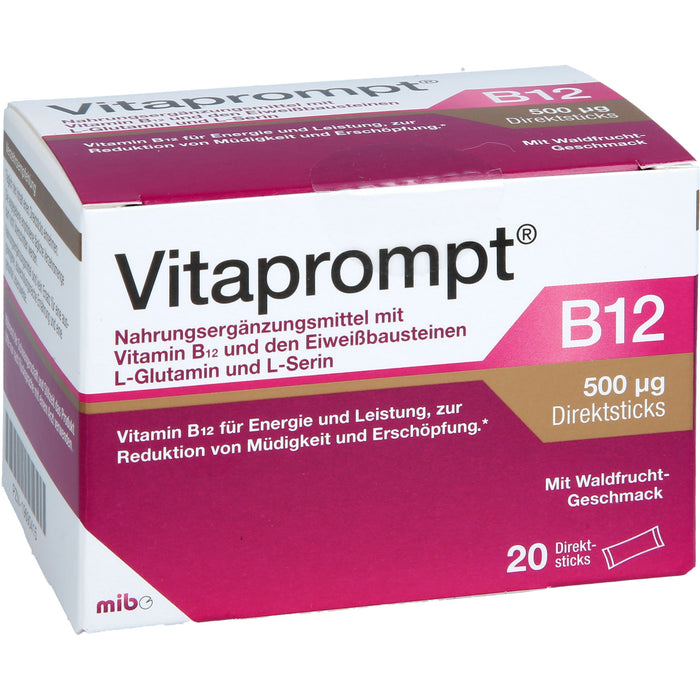 Vitaprompt B12 500 μg Direktsticks mit Waldfrucht-Geschmack zur Reduktion von Müdigkeit und Erschöpfung, 20 St. Sticks