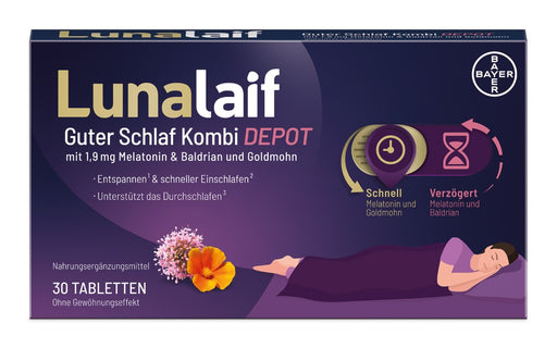 Lunalaif Guter Schlaf Kombi Depot Tabletten mit 1,9 mg Melatonin, Baldrian und Goldmohn, 30 St. Tabletten