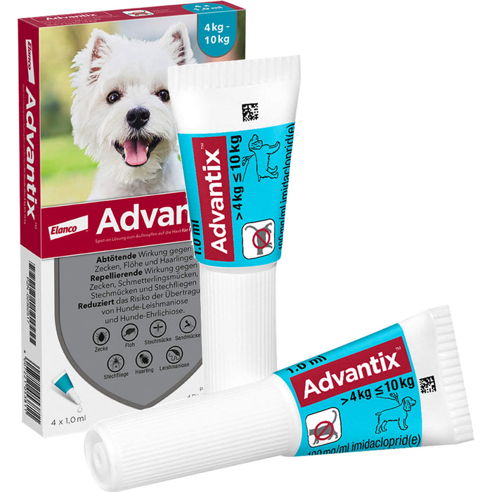 Advantix Spot-On 100 für kleine Hunde von 4 bis 10 kg Körpergewicht gegen Zecken, Flöhe und fliegende Insekten, 4 St. Einzeldosisbehältnisse