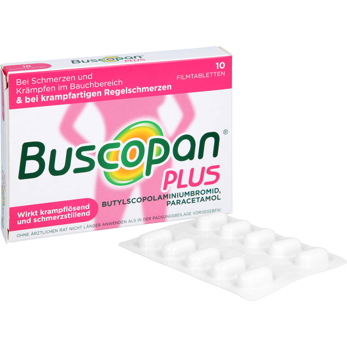 Buscopan plus 10 mg Butylscopolamin & 500 mg Paracetamol Filmtabletten bei Schmerzen und Krämpfen im Bauchbereich, 10 St. Tabletten