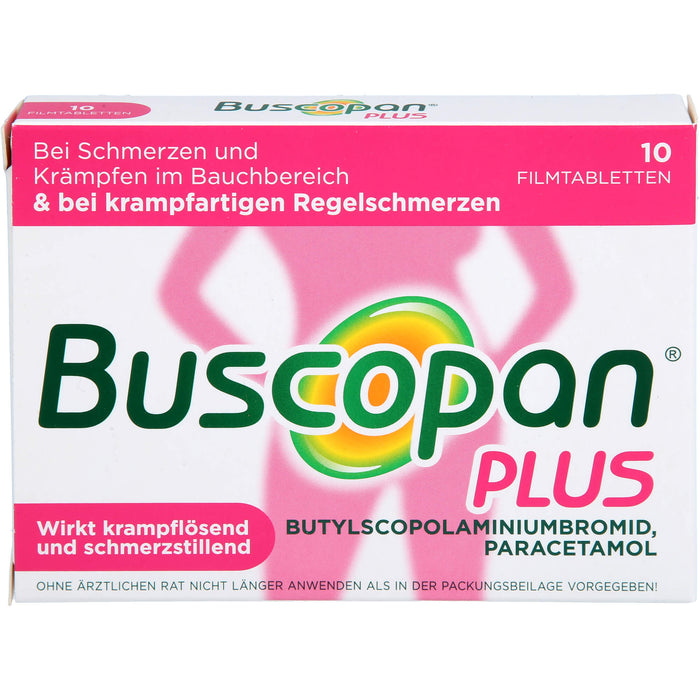 Buscopan plus 10 mg Butylscopolamin & 500 mg Paracetamol Filmtabletten bei Schmerzen und Krämpfen im Bauchbereich, 10 St. Tabletten