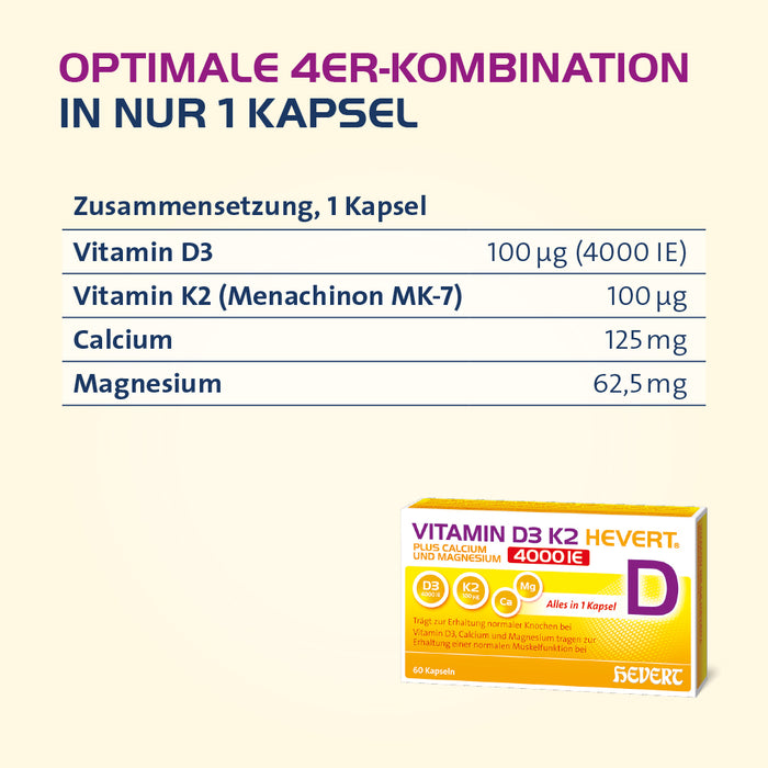 Vitamin D3 K2 Hevert + Calcium & Magnesium 4000 IE, 120 St. Kapseln